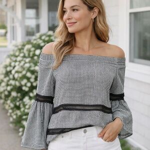 Black White Gingham Off Shoulder Blouse Cottagecore Romantic Top XS